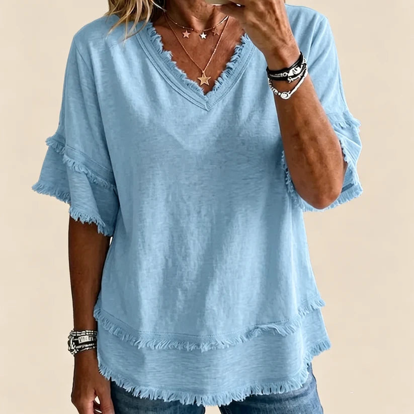 🔥Vintage Frayed V-Neck Linen Blend Top