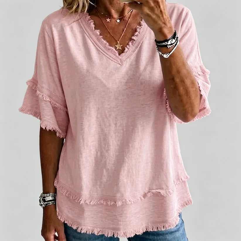 🔥Vintage Frayed V-Neck Linen Blend Top