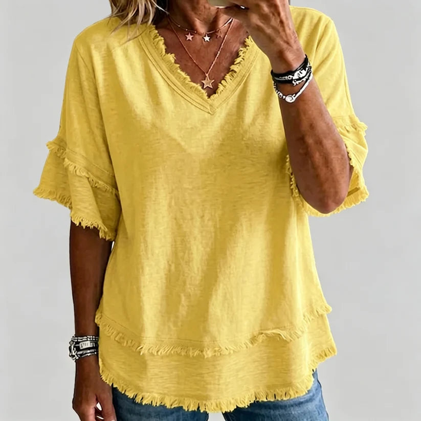 🔥Vintage Frayed V-Neck Linen Blend Top