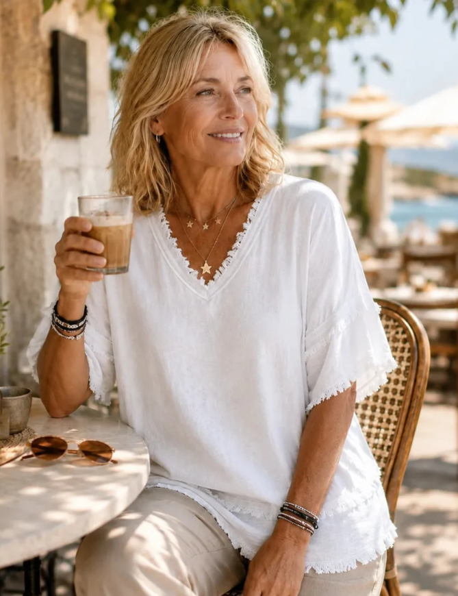 🔥Vintage Frayed V-Neck Linen Blend Top