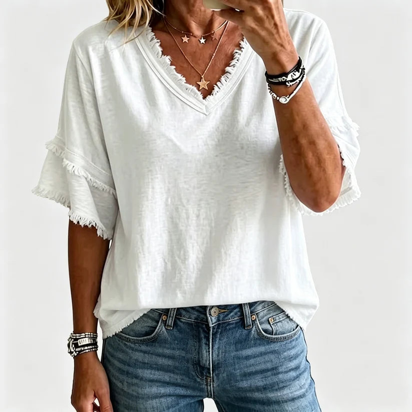 🔥Vintage Frayed V-Neck Linen Blend Top