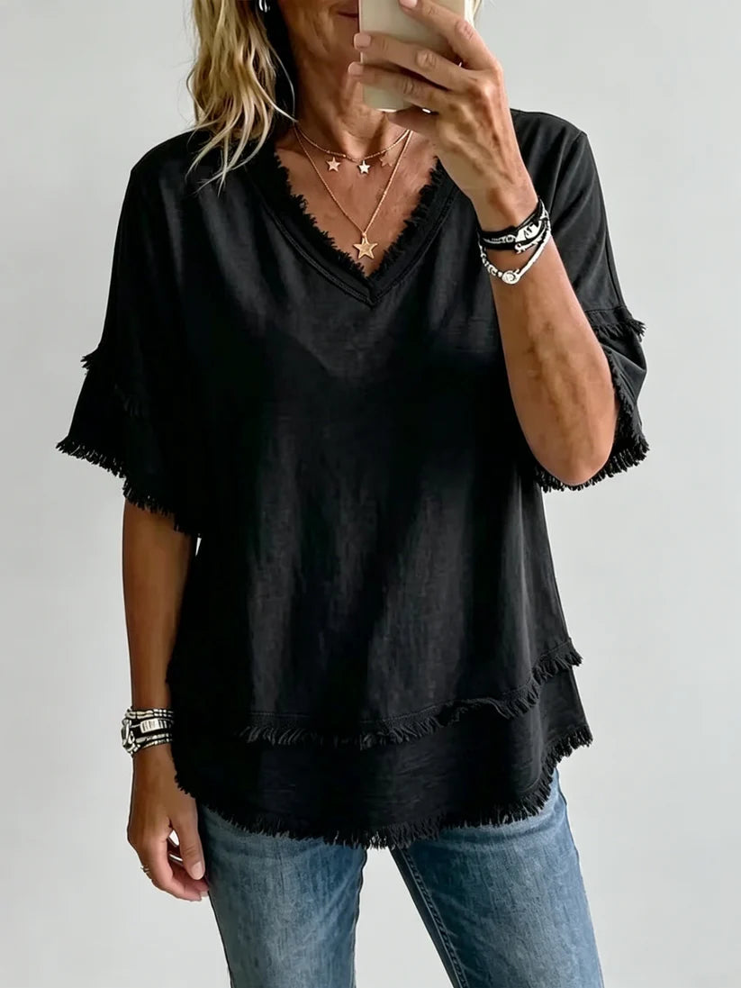 🔥Vintage Frayed V-Neck Linen Blend Top