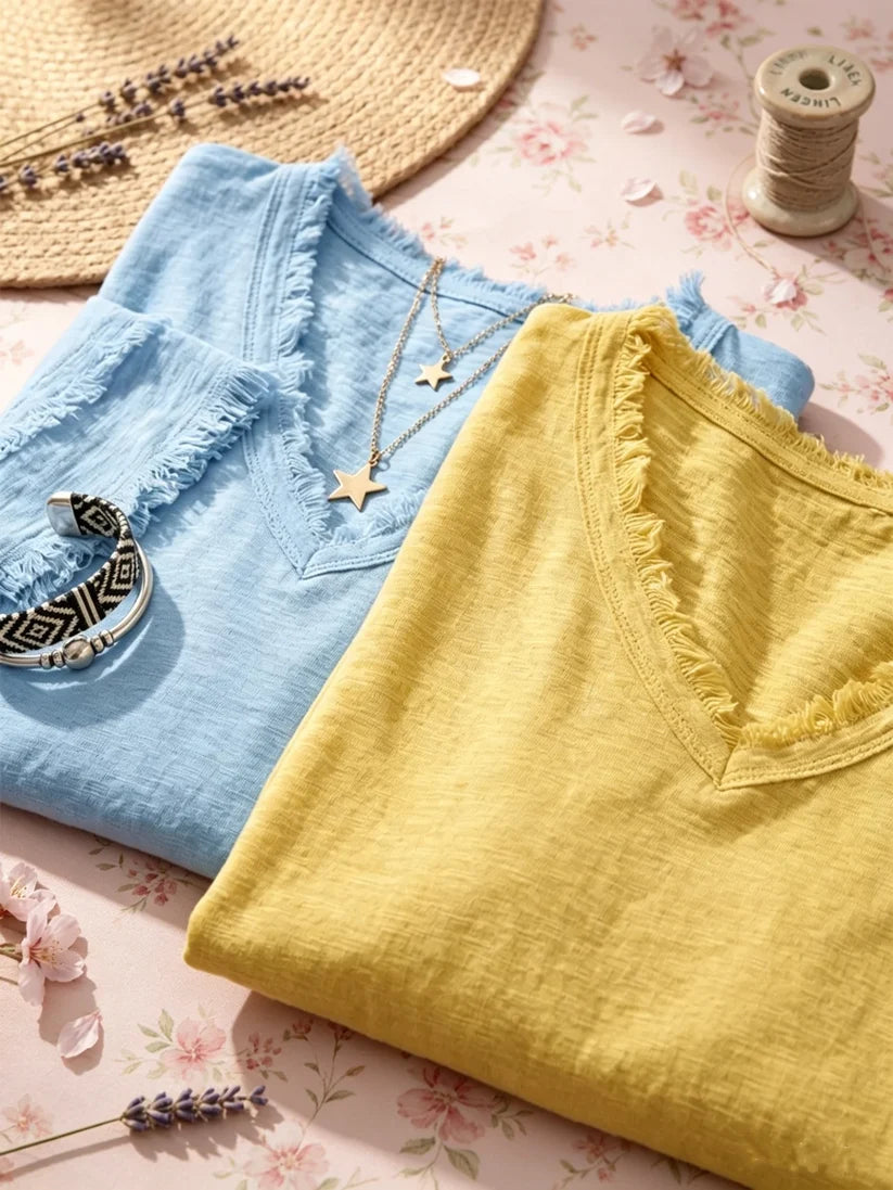 🔥Vintage Frayed V-Neck Linen Blend Top