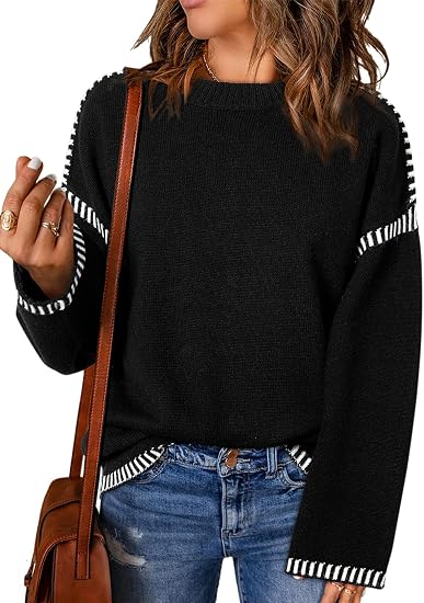 Sweaters for Women Crewneck Long Sleeve Contrast Cable Knit Tops