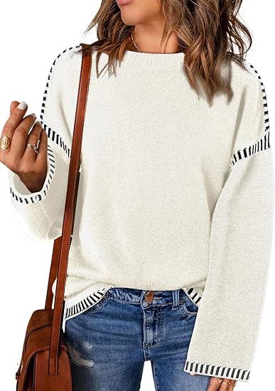 Sweaters for Women Crewneck Long Sleeve Contrast Cable Knit Tops