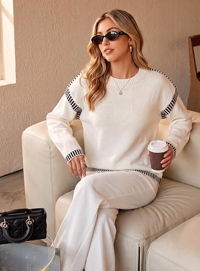 Sweaters for Women Crewneck Long Sleeve Contrast Cable Knit Tops