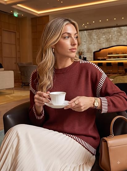 Sweaters for Women Crewneck Long Sleeve Contrast Cable Knit Tops