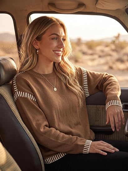 Sweaters for Women Crewneck Long Sleeve Contrast Cable Knit Tops