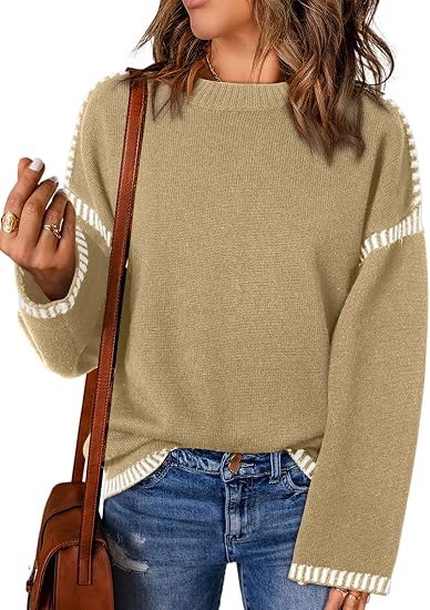Sweaters for Women Crewneck Long Sleeve Contrast Cable Knit Tops