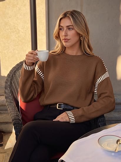 Sweaters for Women Crewneck Long Sleeve Contrast Cable Knit Tops