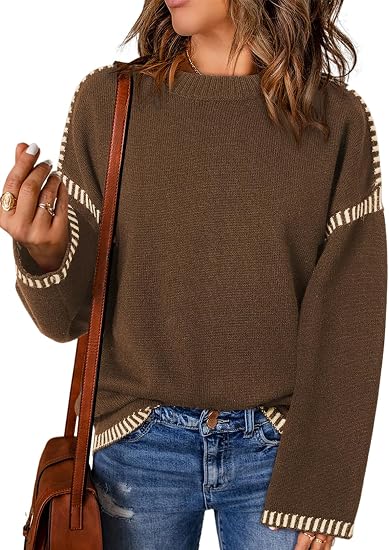 Sweaters for Women Crewneck Long Sleeve Contrast Cable Knit Tops
