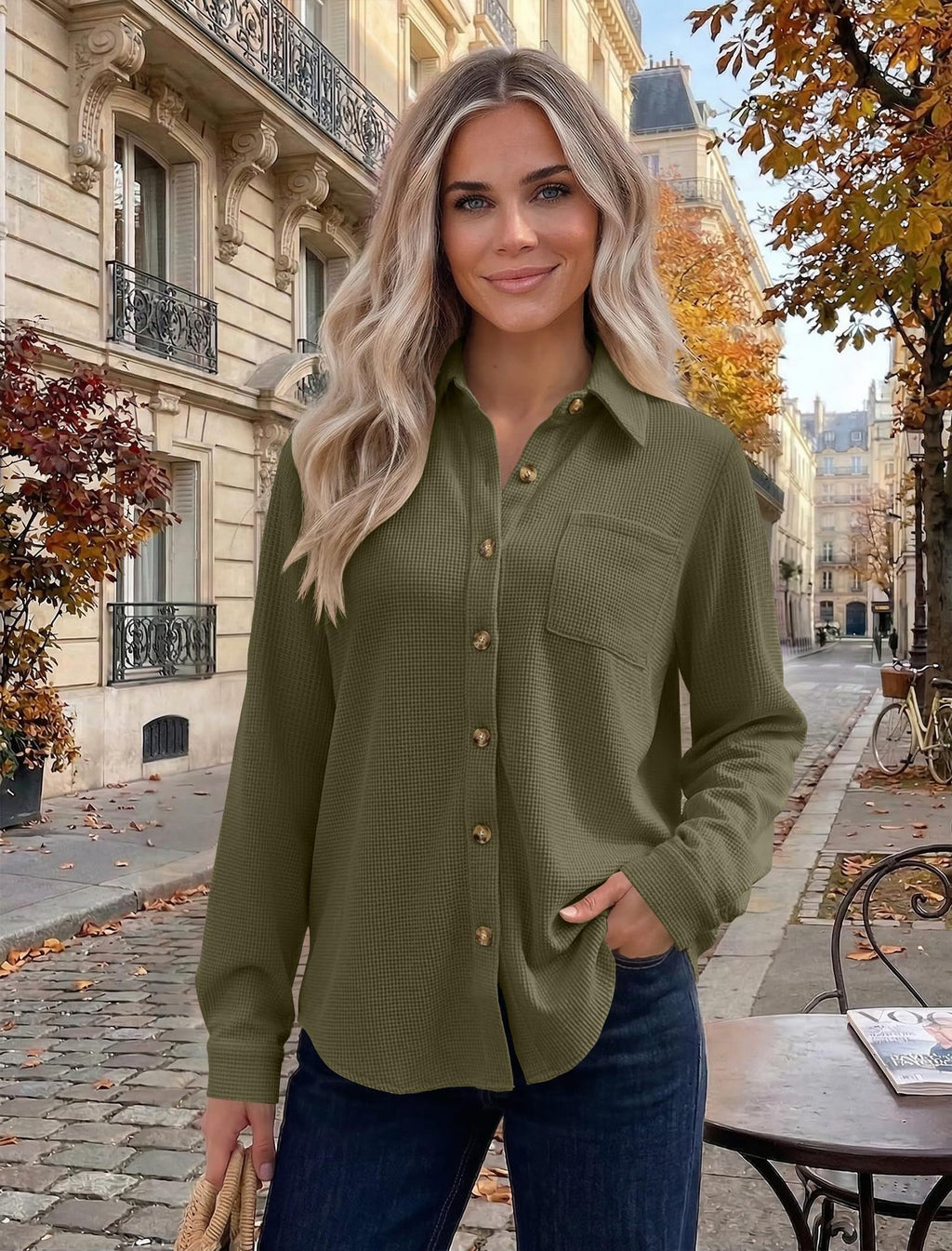 Womens Waffle Knit Shacket Button Down Long Sleeve Tops with Pocket