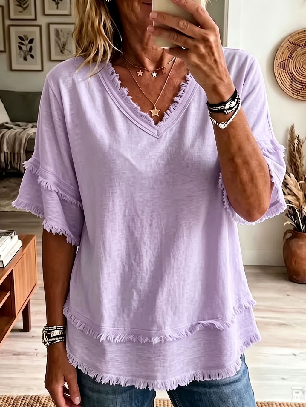 🔥Vintage Frayed V-Neck Linen Blend Top