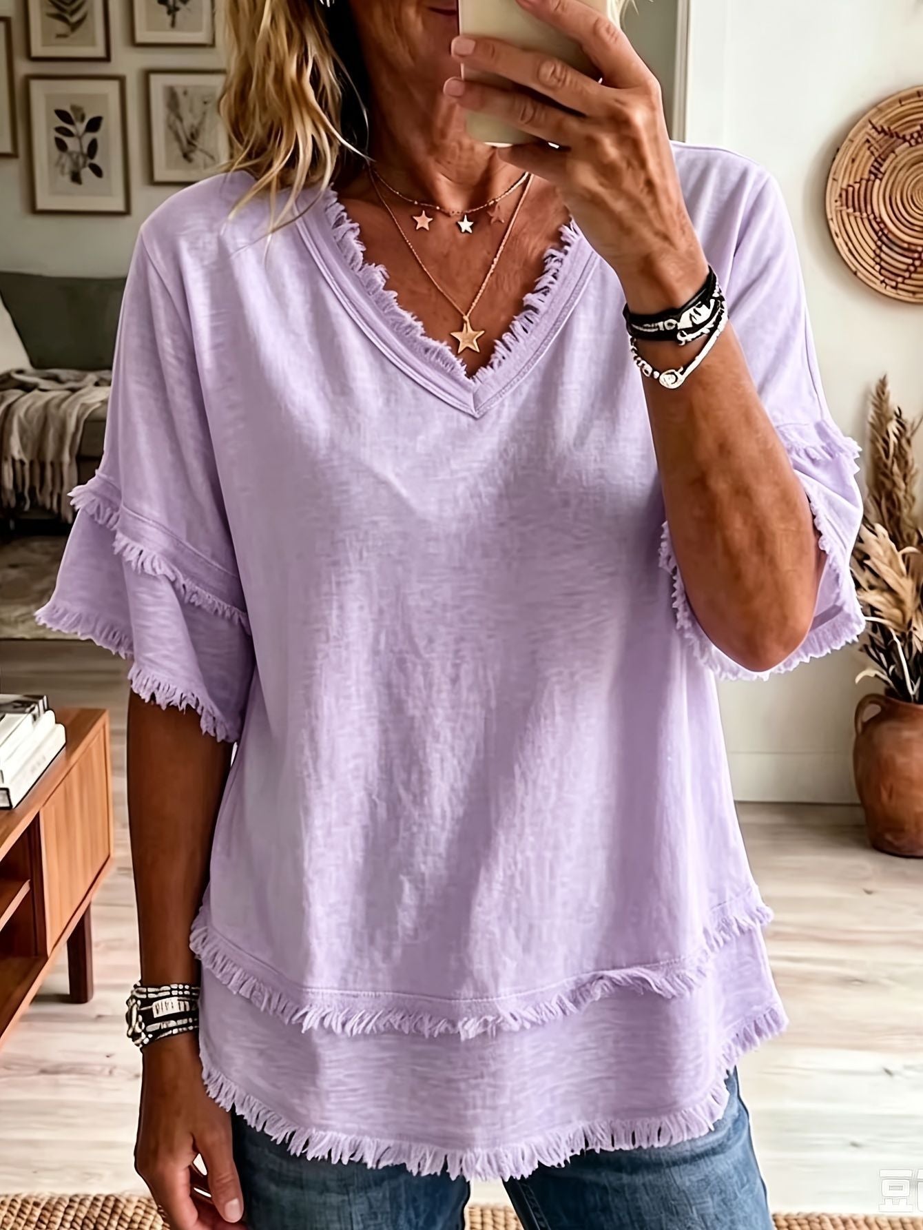 🔥Vintage Frayed V-Neck Linen Blend Top
