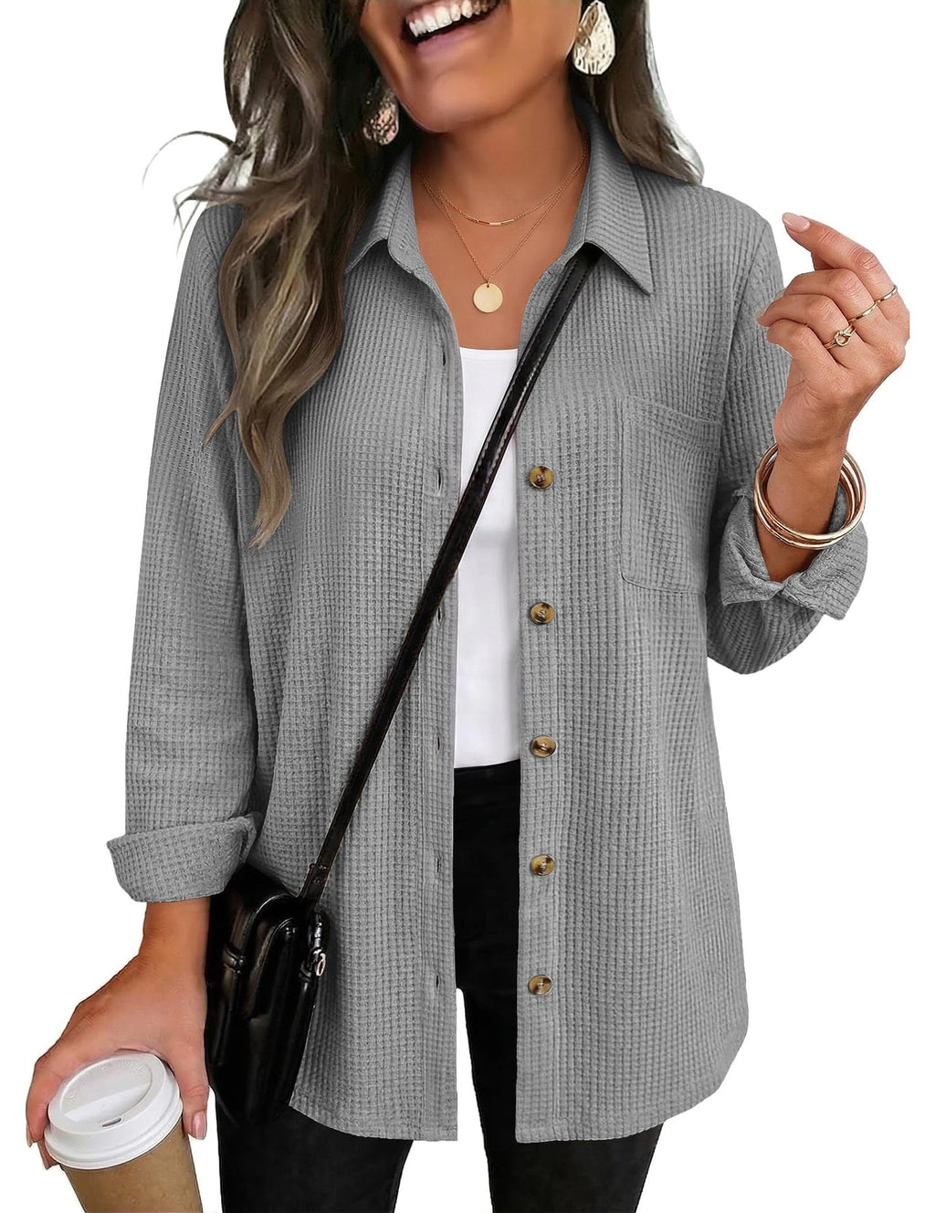 Womens Waffle Knit Shacket Button Down Long Sleeve Tops with Pocket