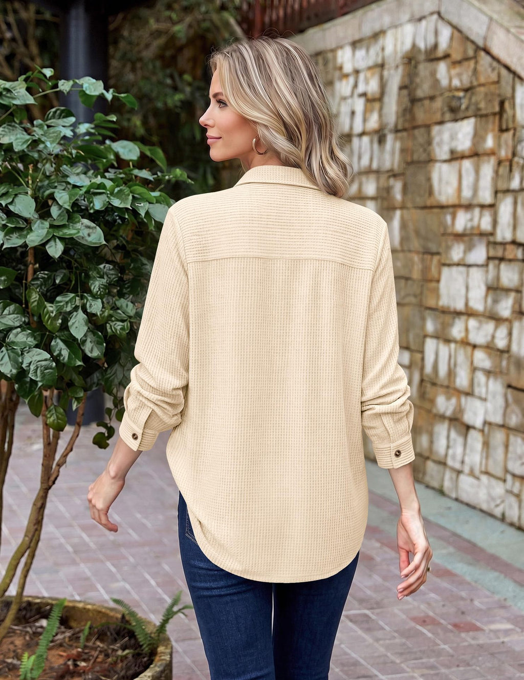 Womens Waffle Knit Shacket Button Down Long Sleeve Tops with Pocket