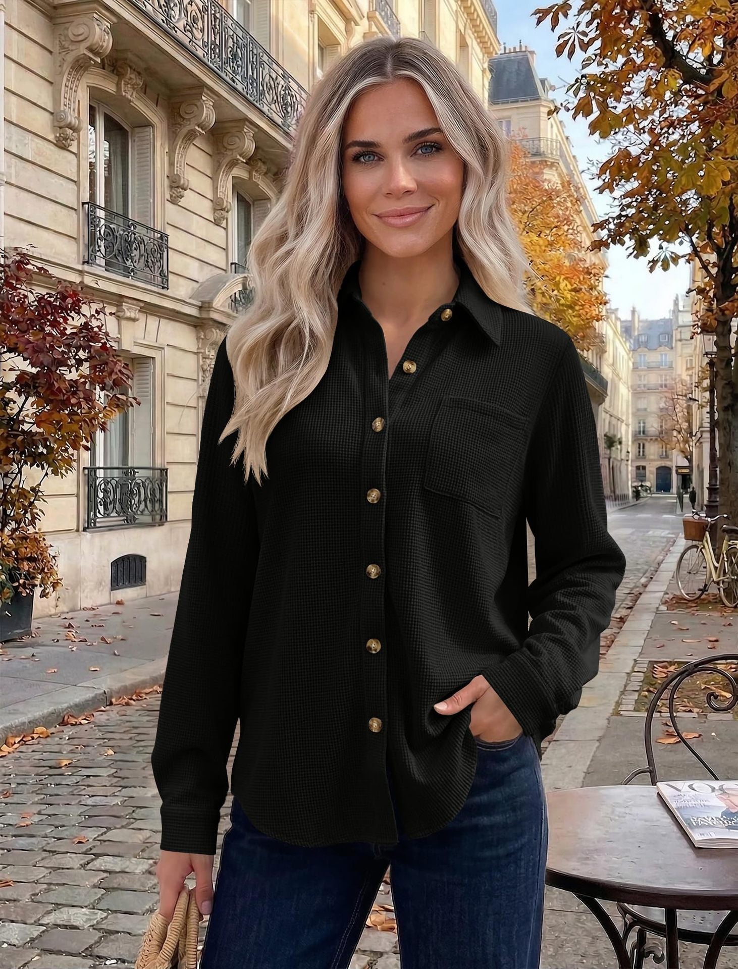 Womens Waffle Knit Shacket Button Down Long Sleeve Tops with Pocket