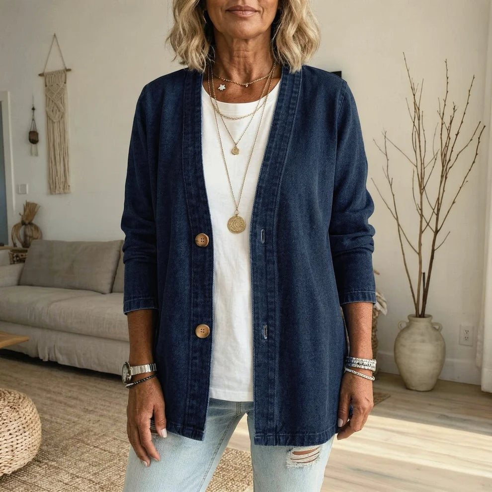 🧥 50% OFF NOW! ✨ Women's Classic Button Front Denim Jacket – V-Neck, Breathable Fabric & Relaxed Fit 💙