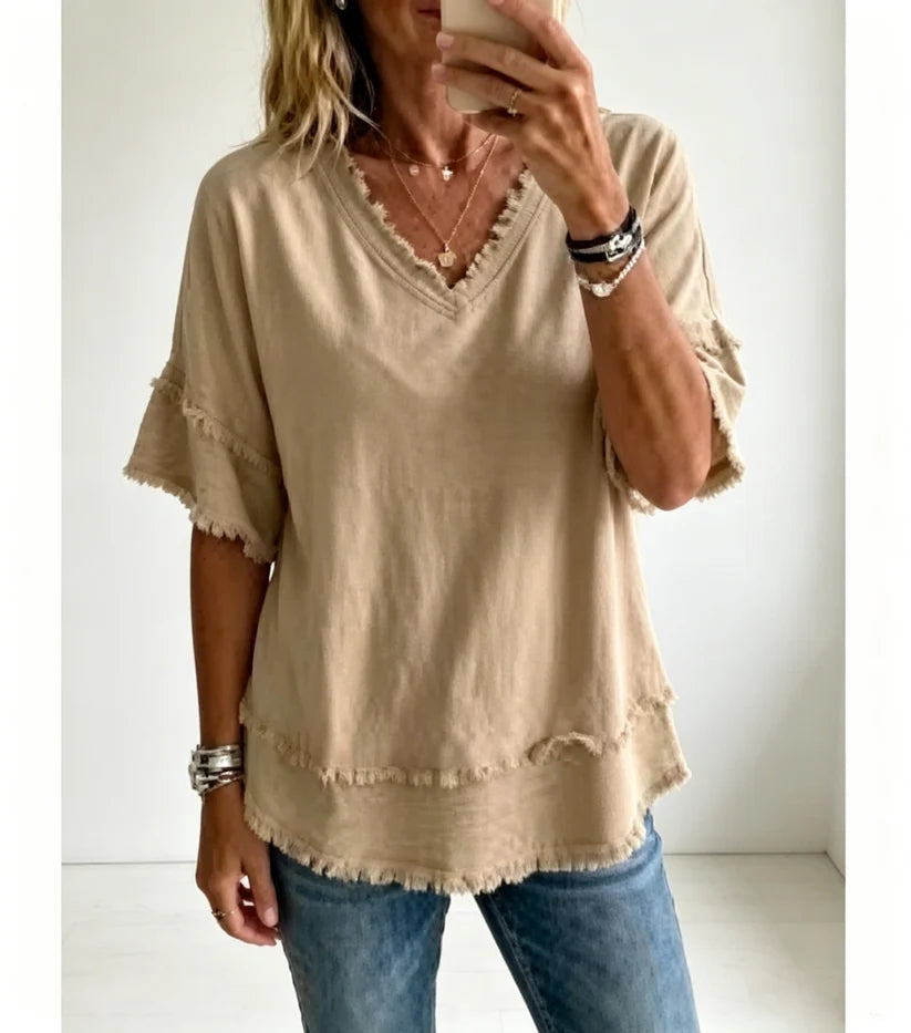 🔥Vintage Frayed V-Neck Linen Blend Top