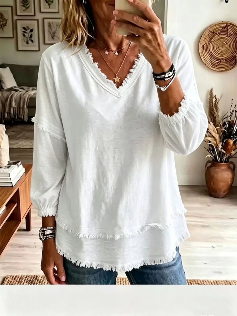 🔥Vintage Frayed V-Neck Linen Blend Top