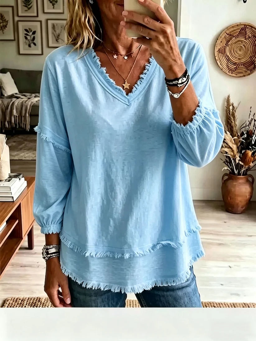 🔥Vintage Frayed V-Neck Linen Blend Top