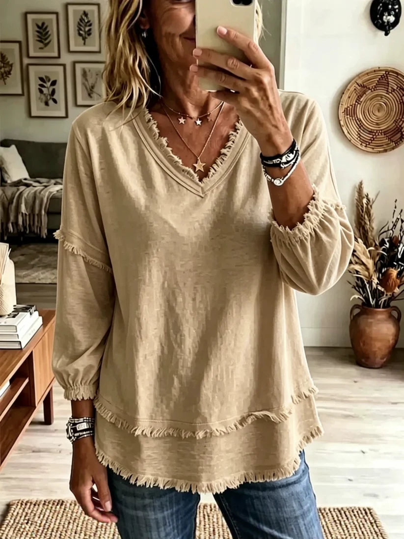 🔥Vintage Frayed V-Neck Linen Blend Top