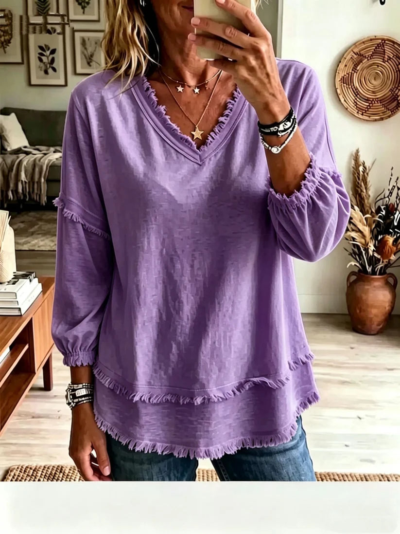 🔥Vintage Frayed V-Neck Linen Blend Top